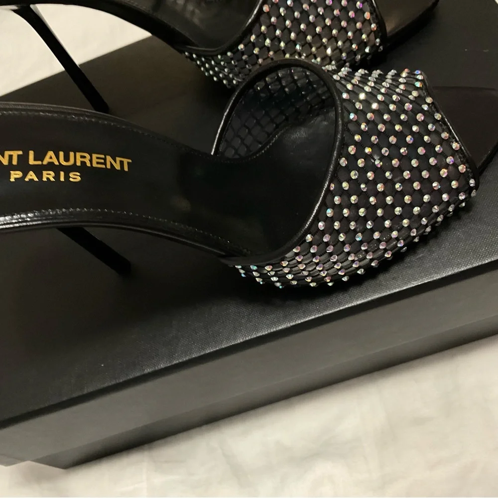 Saint Laurent Women's Liz Embellished High Heel Slide Sandals size 38 - Picture 7 of 16